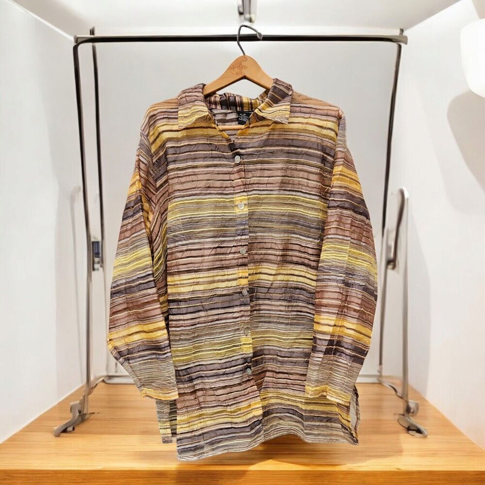 Vtg Citiknits Womans Long Sleeve Collared Blouse 2xl Sheer Stripes Brown